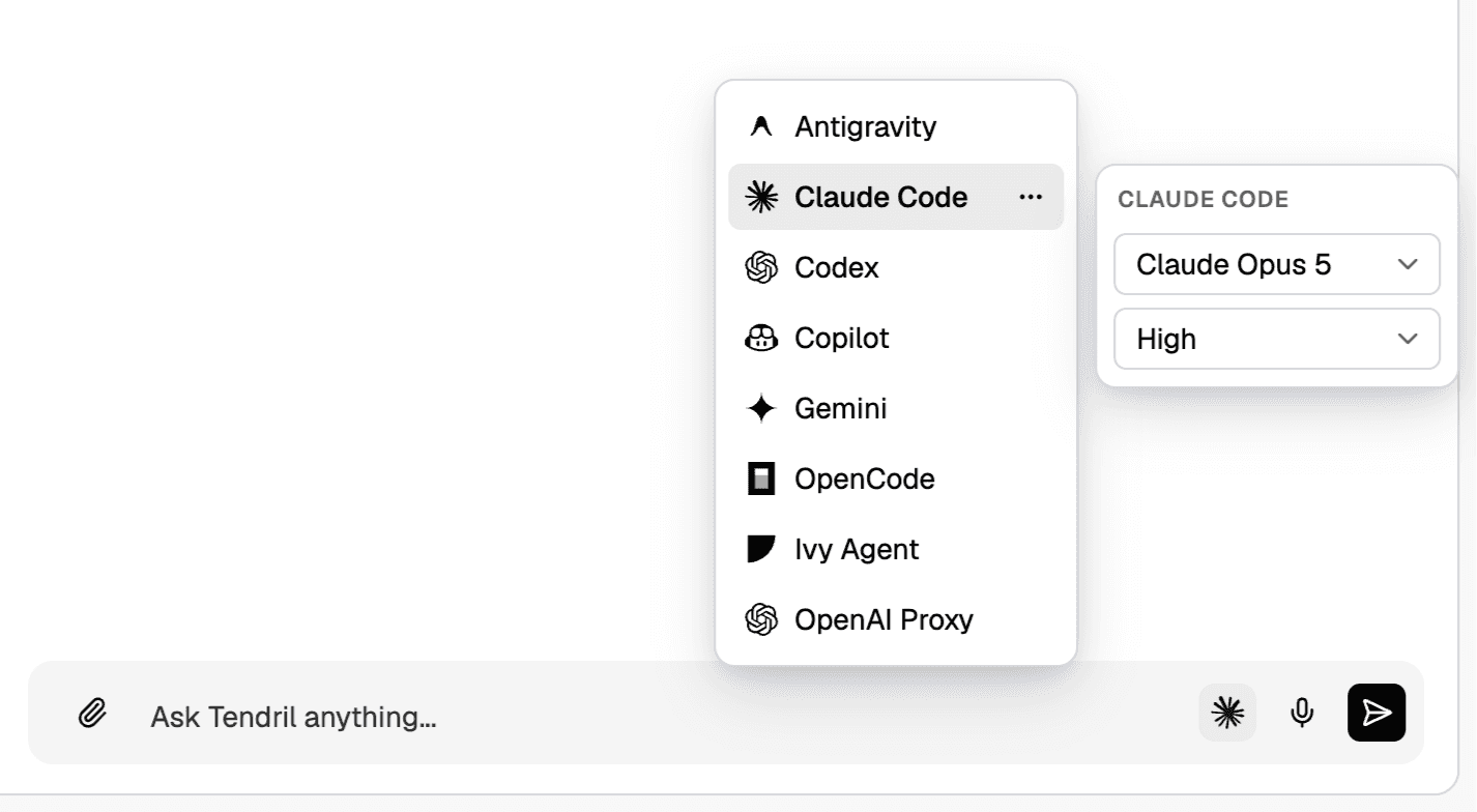 Agent picker listing eight agents, with a Claude Code submenu for model and effort