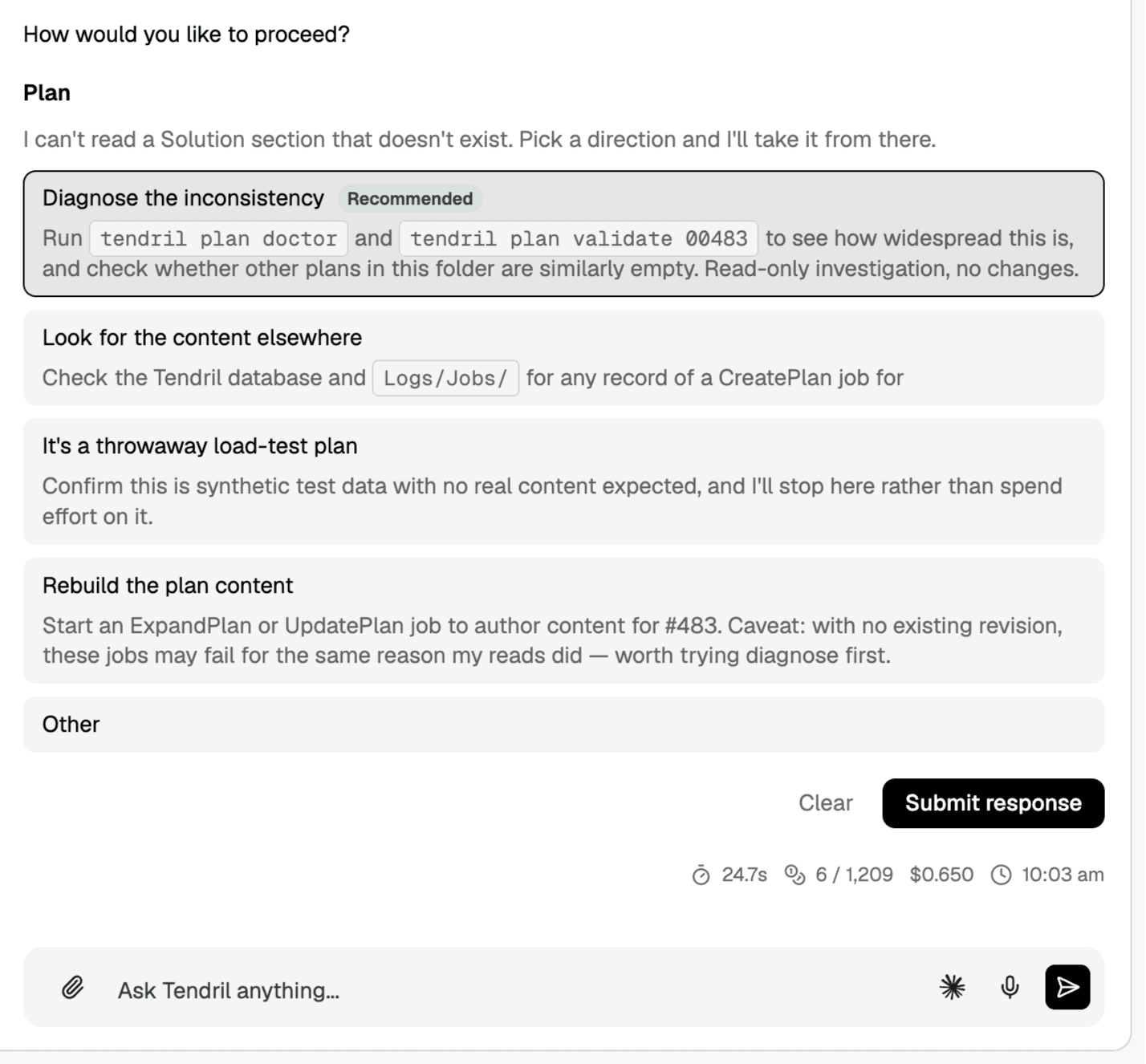 Question form with four options, one marked as recommended, and a Submit response button