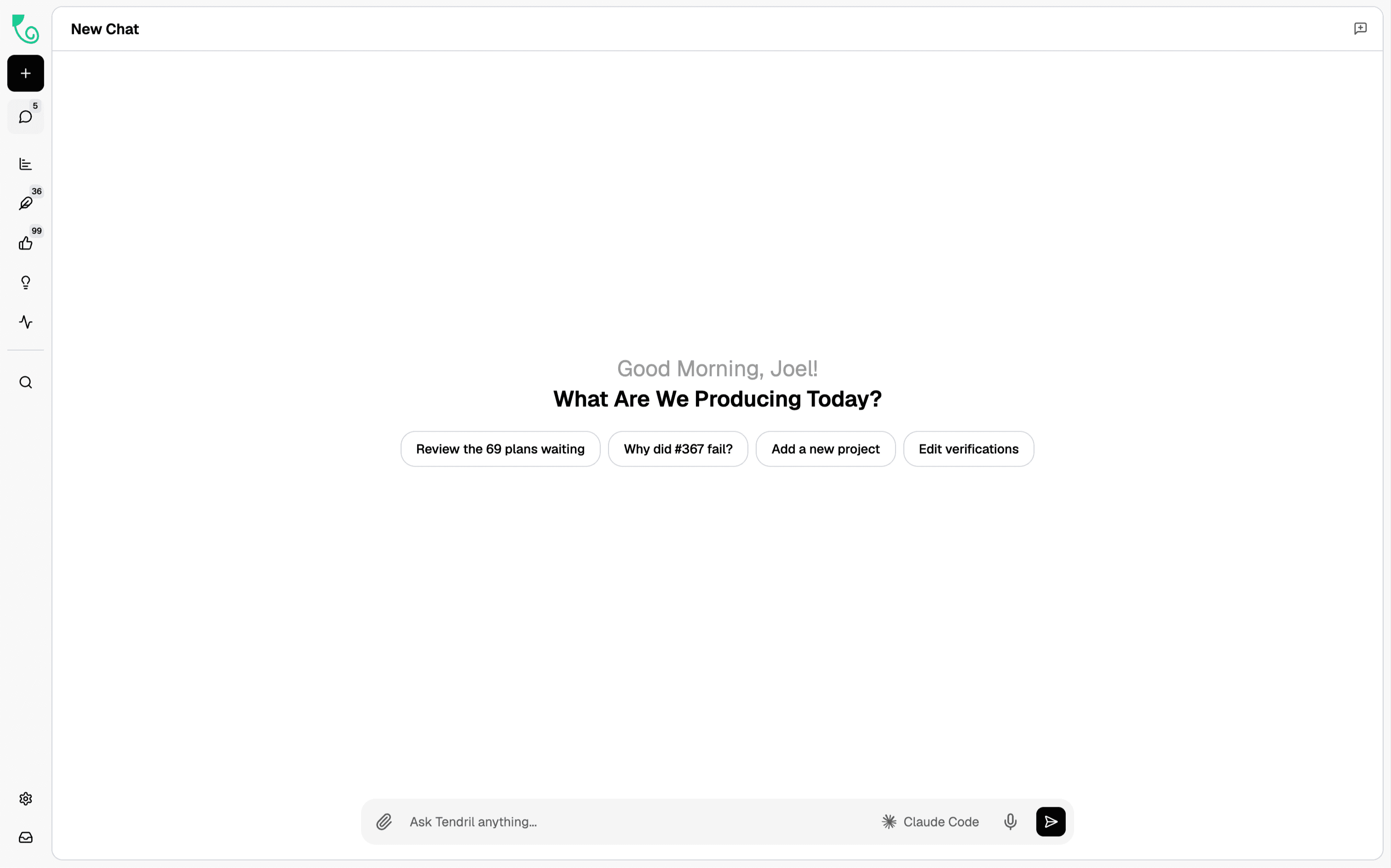 Ivy Tendril chat home with a greeting, four suggested actions and the composer