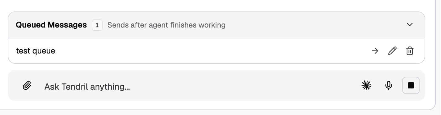 Queued Messages panel above the composer with one queued message and send, edit and delete actions