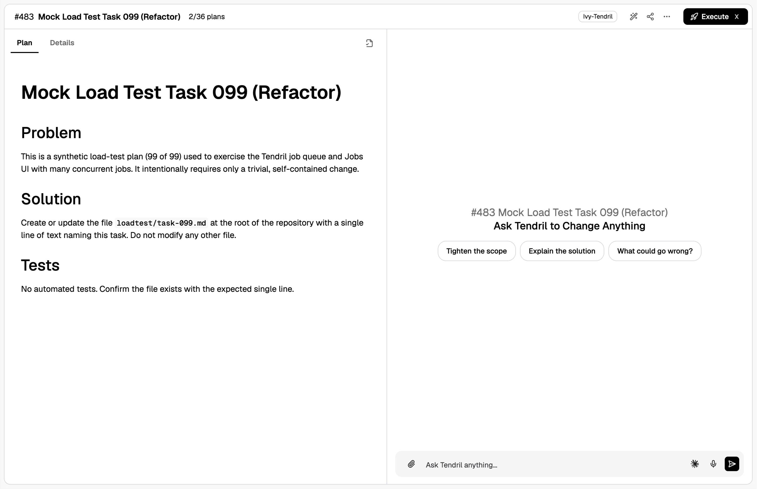 Split view with the plan 483 document on the left and a chat panel on the right