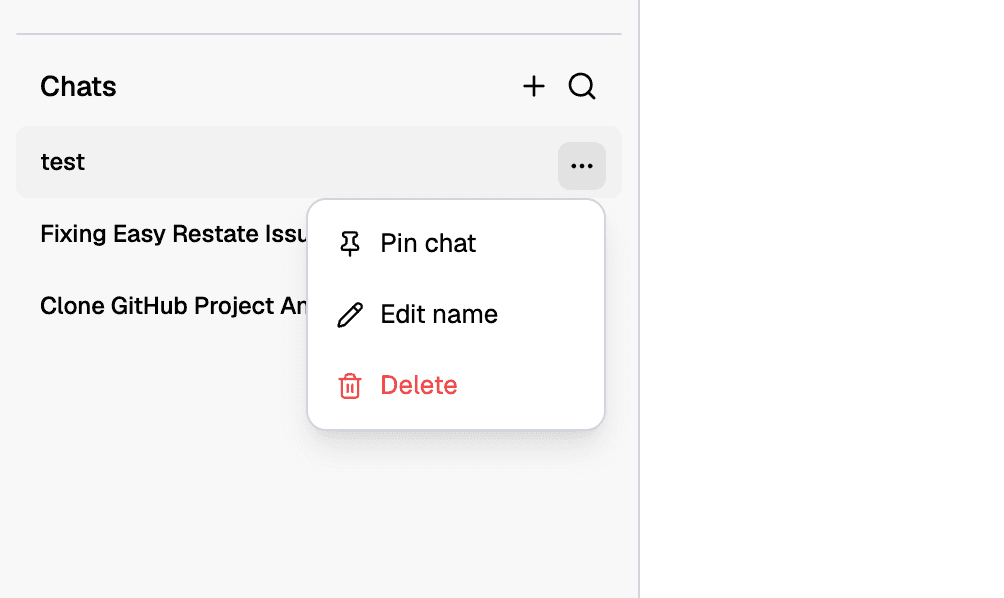 Row menu for a chat with Pin chat, Edit name and a red Delete action