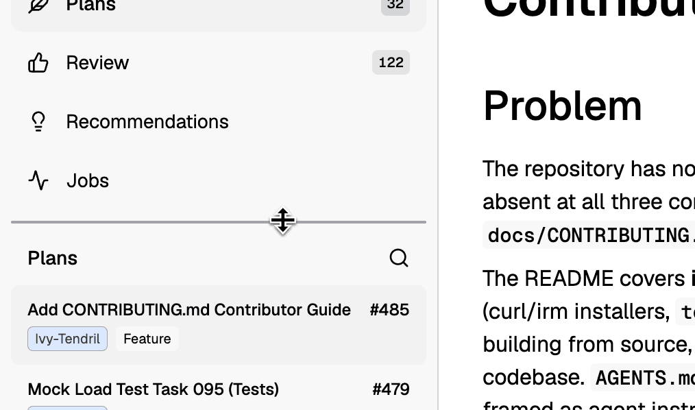 A resize cursor on the divider between the navigation and a Plans list with repository and type tags