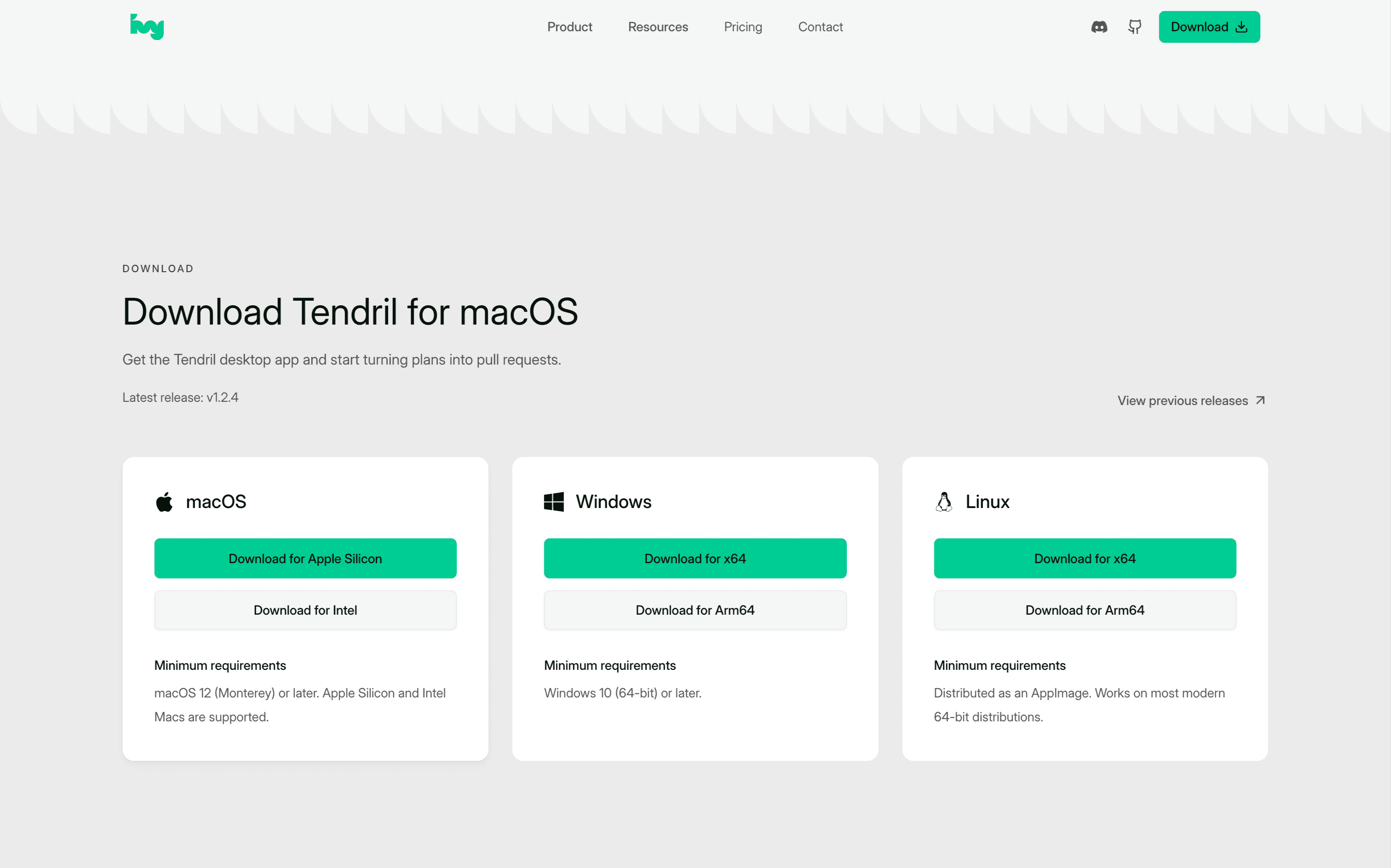 The download page with three cards for macOS, Windows and Linux, each with two builds and minimum requirements