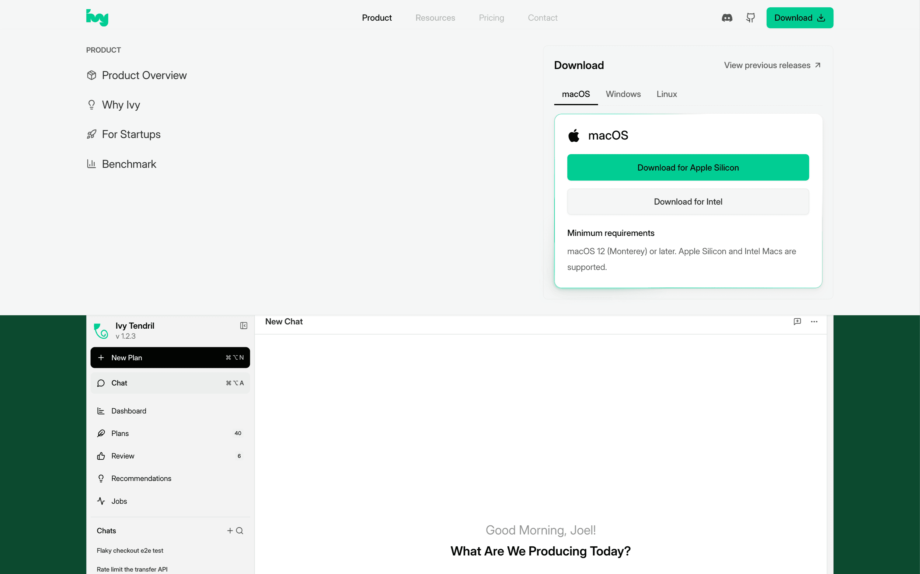 The Product menu open with links on the left and a download panel on the right offering builds for Apple Silicon and Intel
