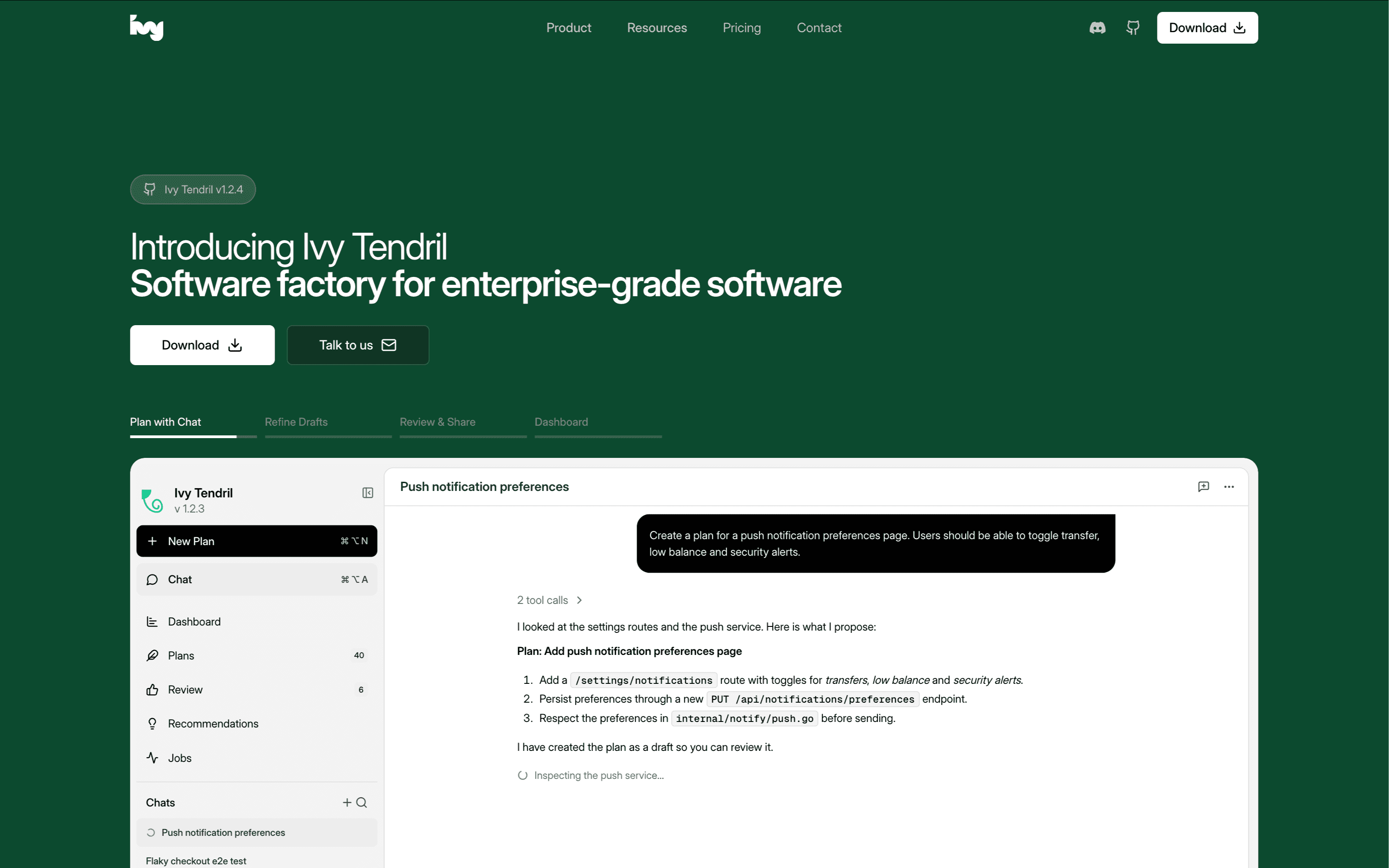 The ivy.app hero: Introducing Ivy Tendril, Software factory for enterprise-grade software, with Download and Talk to us buttons