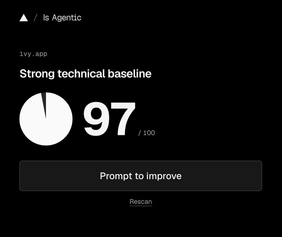Is Agentic scan result for ivy.app reading Strong technical baseline, 97 out of 100
