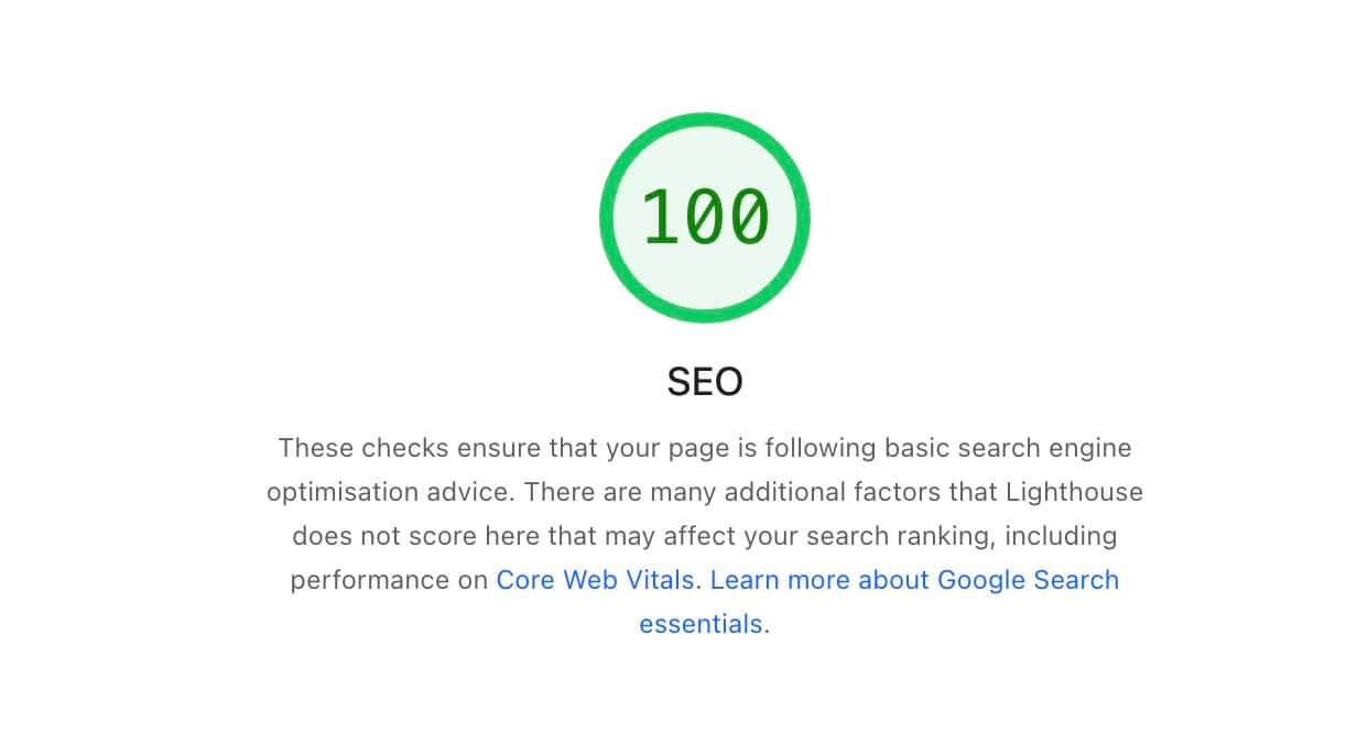 Lighthouse SEO score of 100 in a green ring